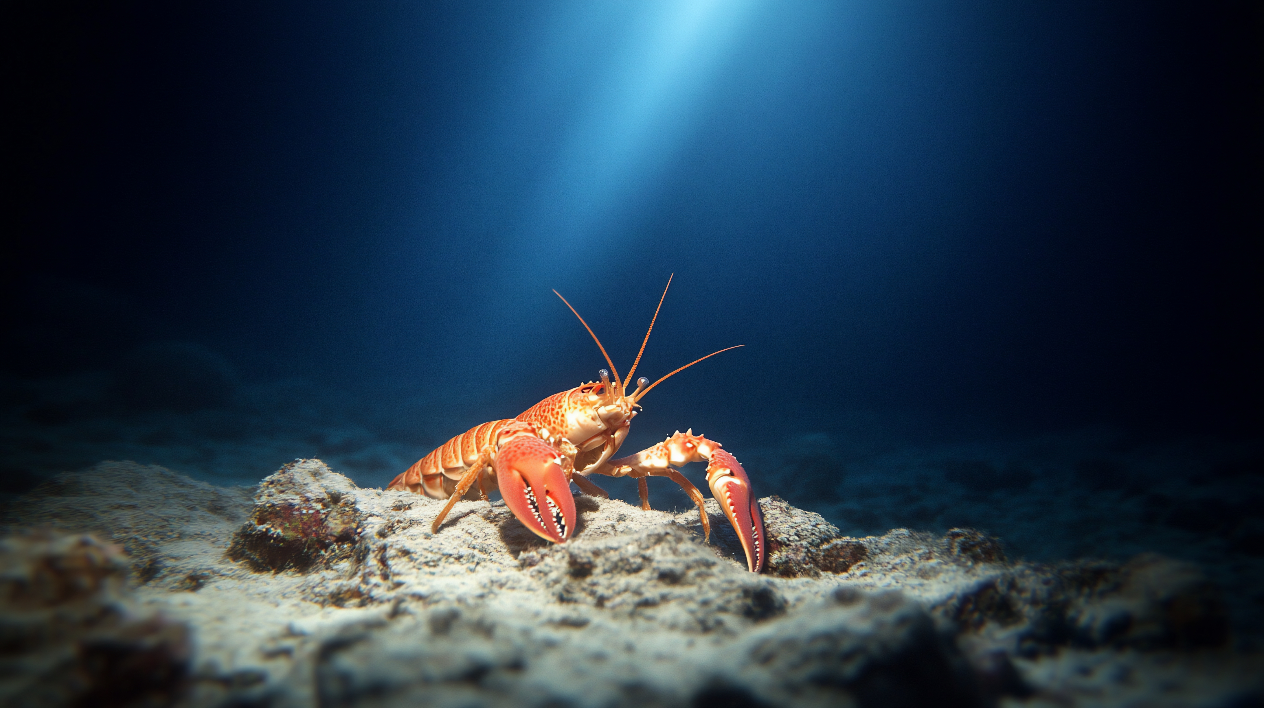 A lobster on the ocean floor illuminated by a beam of light.